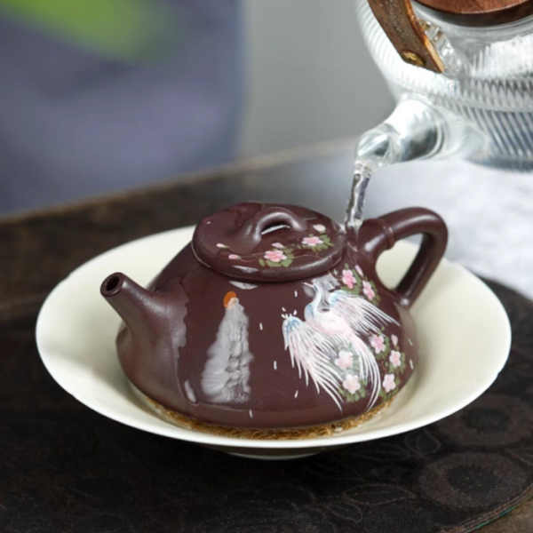 Purple Clay, Ziye Shipiao Yixing Teapot with Phoenix Painting 230ml - Image 4