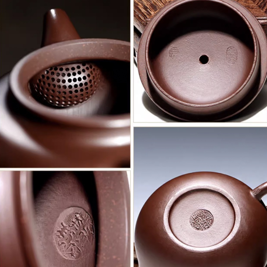 Yixing Clay Tea Set: Fang Gu Hu Teapot + 2 Cups, Purple Zhu Ni Clay 190ml - Image 7