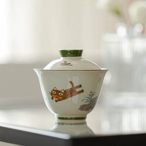 'Cat Chasing Bird' Ceramic Gaiwan, Ceramic Gongfu Gaiwan 150ml