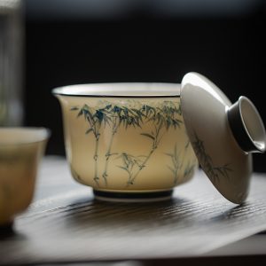 White Blue Gaiwan, Hand-Painted Bamboo, Jade Porcelain 140ml